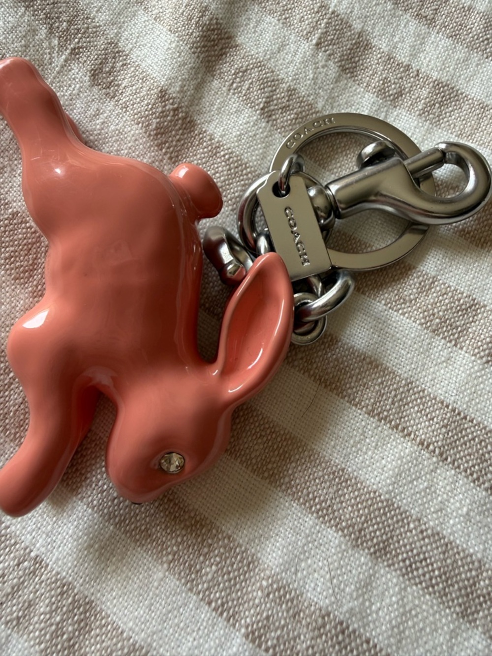 Coach Silver-Tone Keyring with Pink Enamel Bunny Accent - Picture 4 of 4